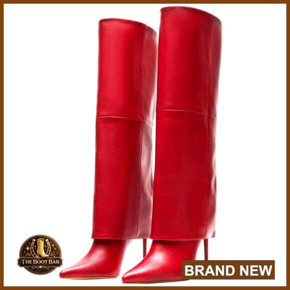 Shoes - Knee High Boots Fold Over Stiletto Pointed Toe PU Vegan Leather